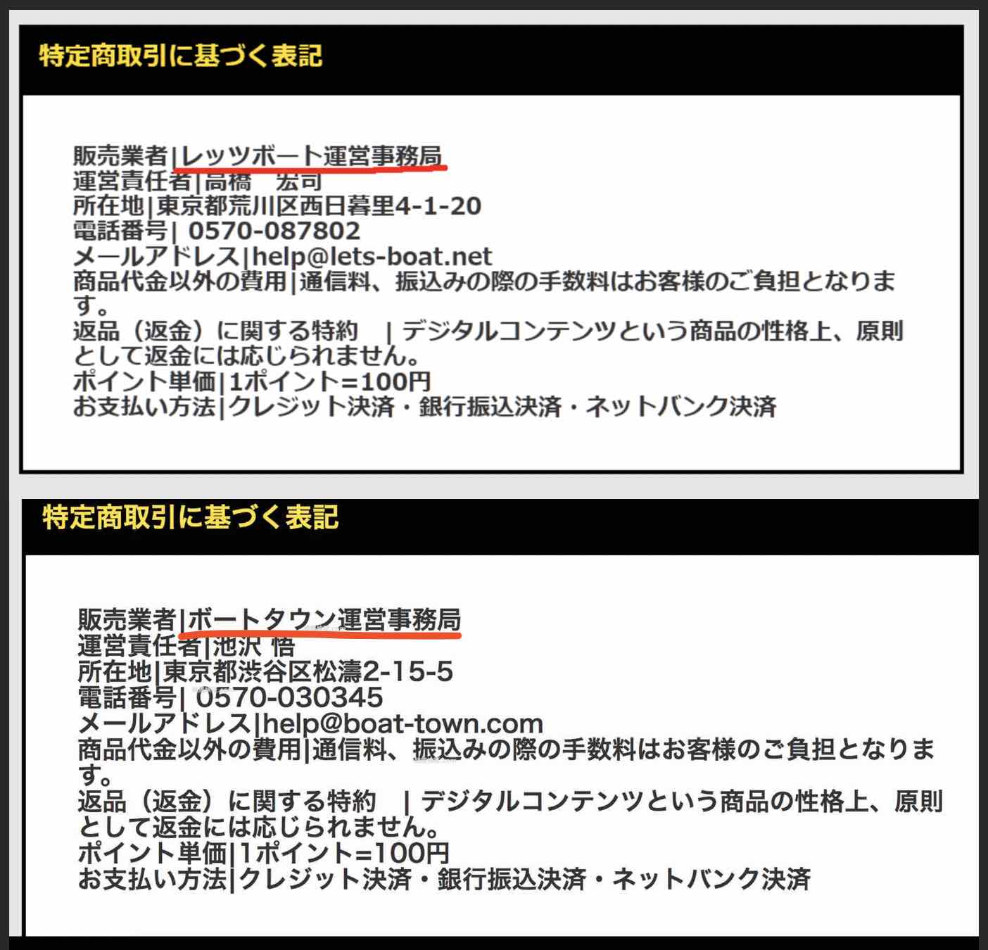 ボートタウンとレッツボートの特商法ページ
