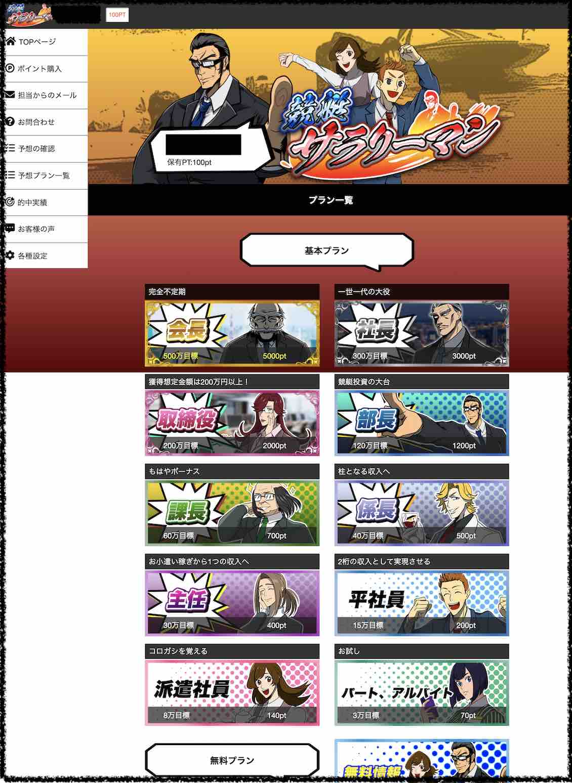 競艇サラリーマンという競艇予想サイト(ボートレース予想サイト)の会員ページ