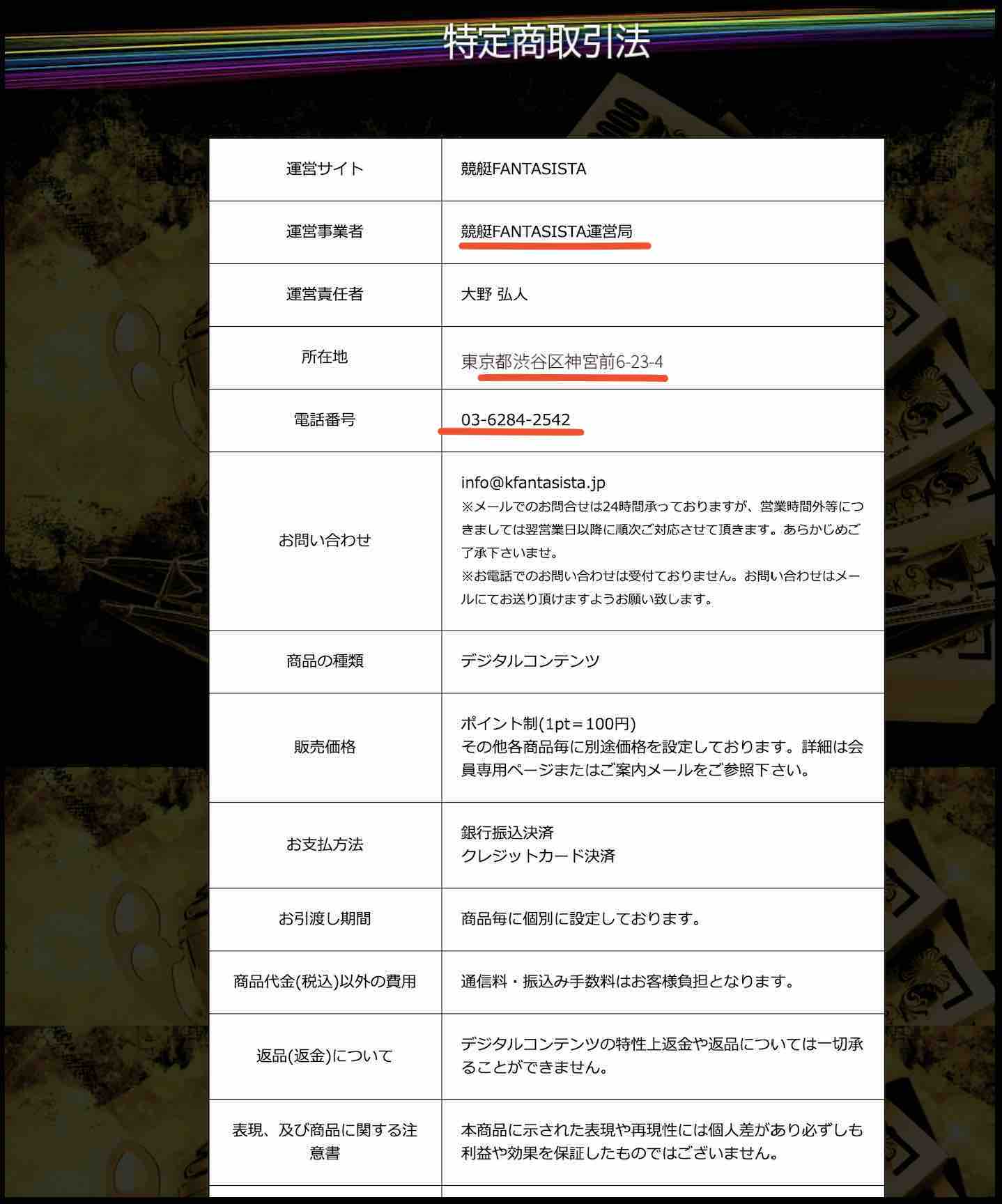 競艇ファンタジスタという競艇予想サイト(ボートレース予想サイト)の特商法ページ