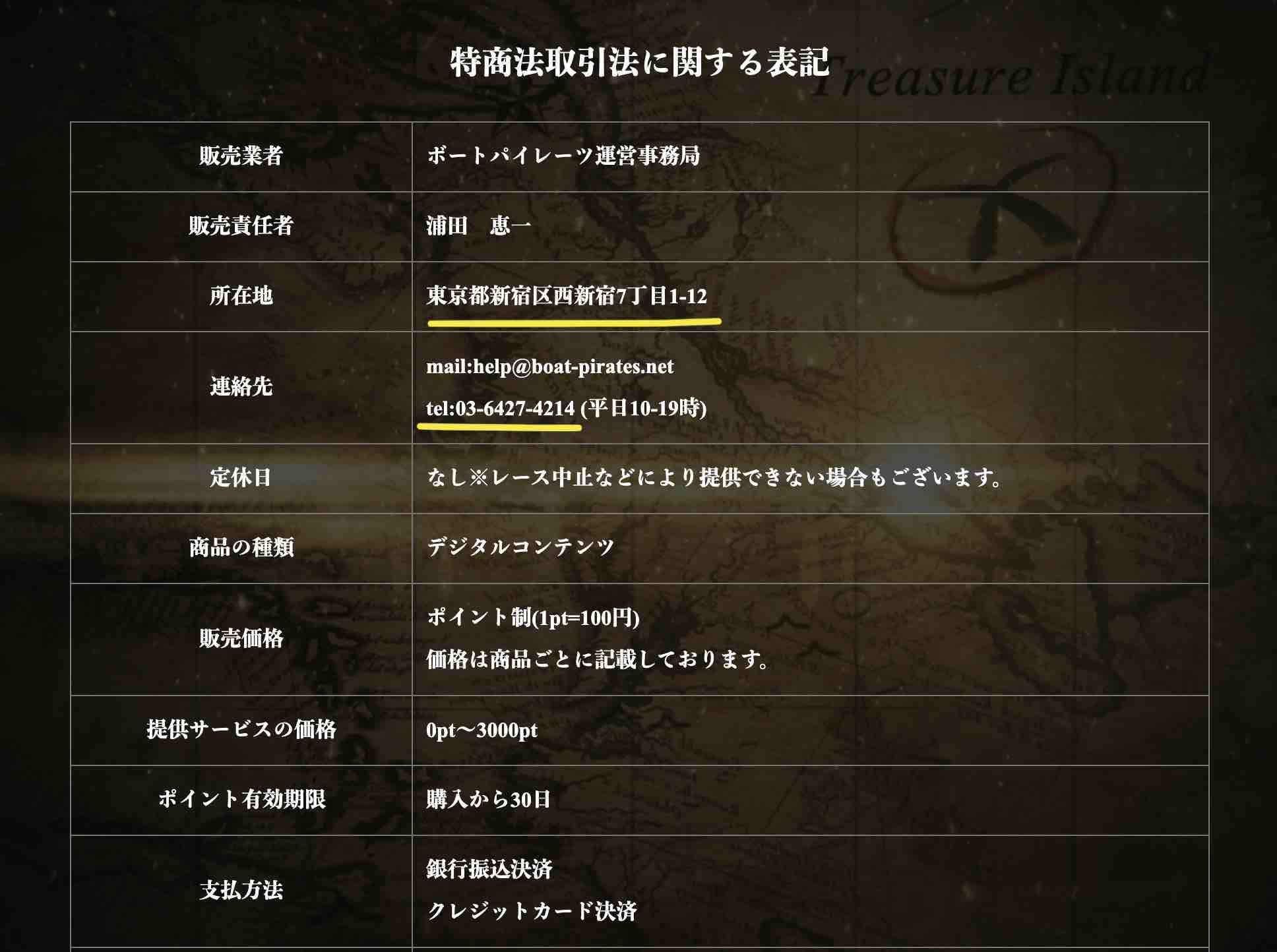 ボートパイレーツという競艇予想サイト(ボートレース予想サイト)の特商法ページ