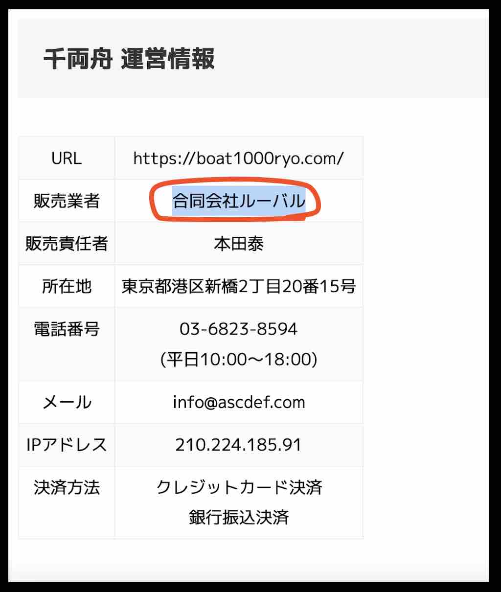 千両舟の運営社情報に「合同会社ルーバル」