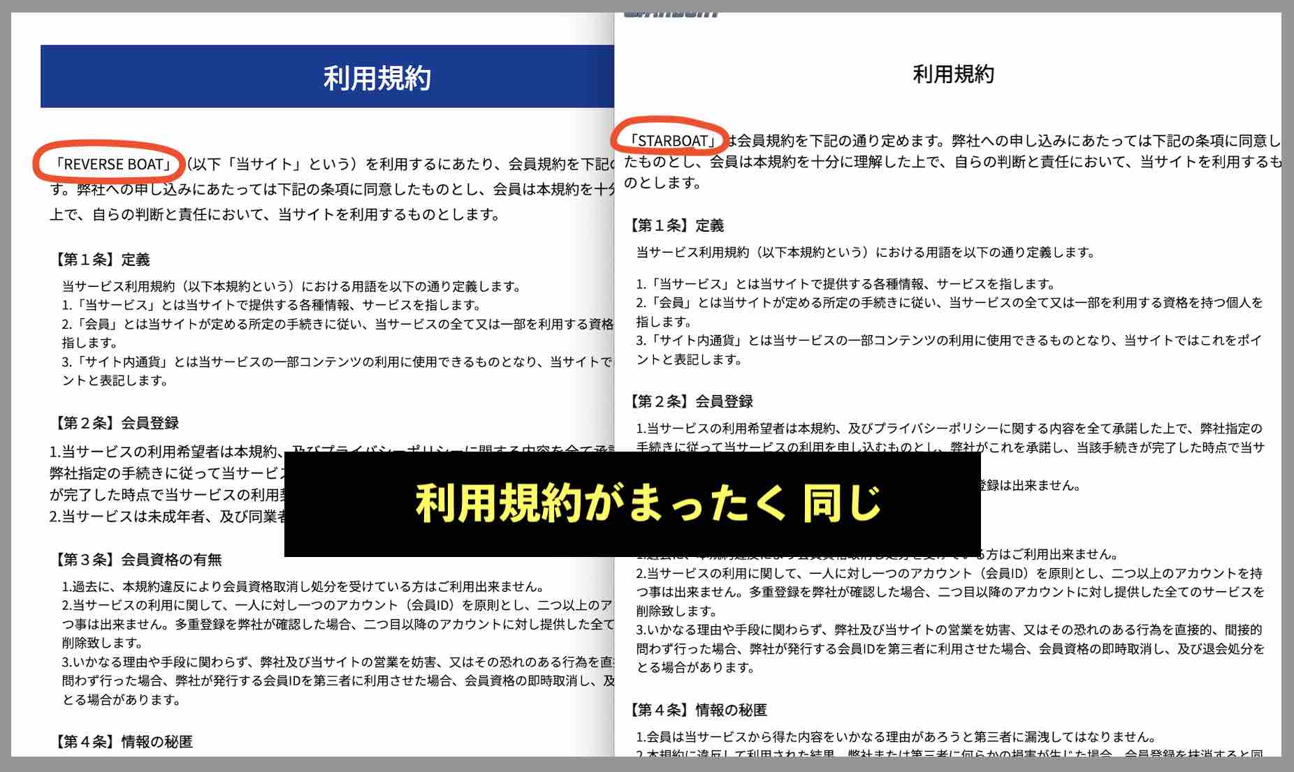 リバースボートの利用規約を見比べる