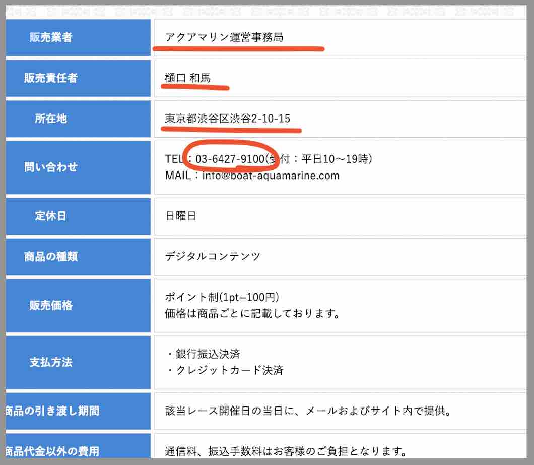 アクアマリンという競艇予想サイトの運営会社情報