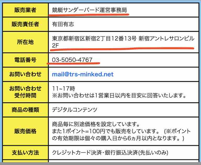 競艇サンダーバードという競艇予想サイトの運営会社情報