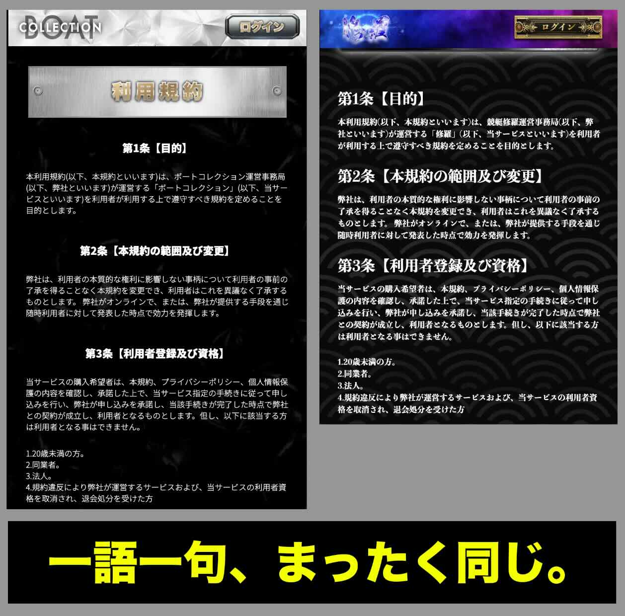 ボートコレクションと利用規約も一語一句同じ